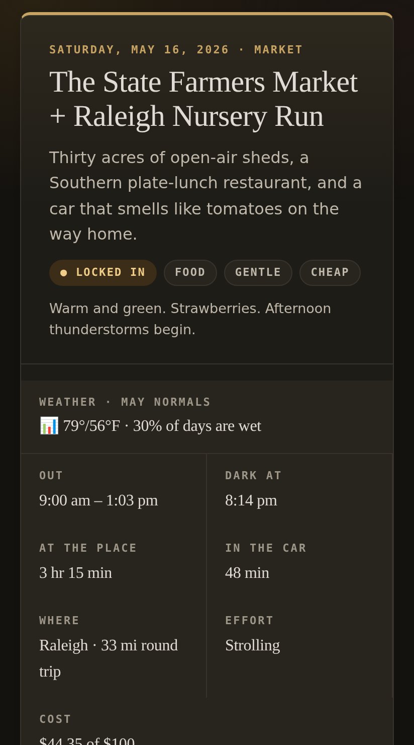 Outset's Saturday screen on a phone: May 16, the State Farmers Market and Raleigh Nursery Run, tagged locked in, food, gentle and cheap.