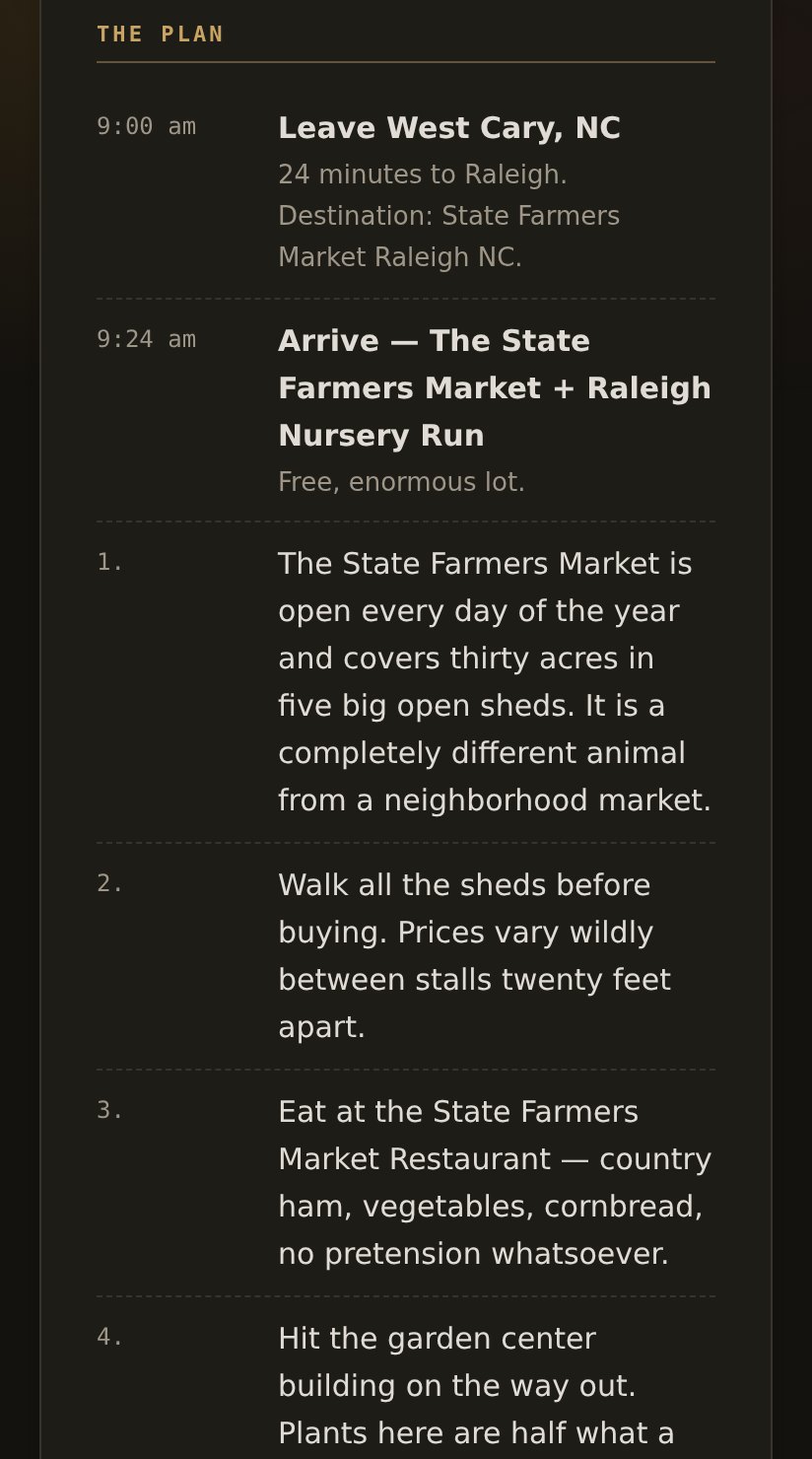 The plan: leave at 9:00am, 24 minutes to Raleigh, arrive 9:24, then numbered steps through the market — walk all the sheds before buying, prices vary wildly.